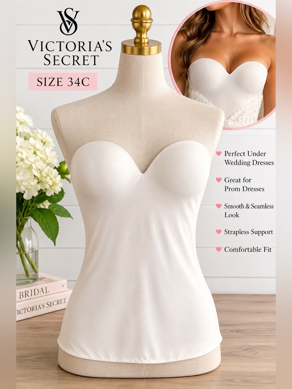 🤍 Victoria’s Secret Strapless Bustier Bra 34C Bridal Prom Shapewear